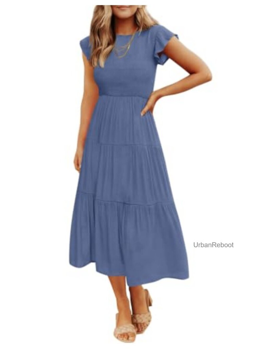 Flutter Short Sleeve Smocked Midi Dress Casual Tiered